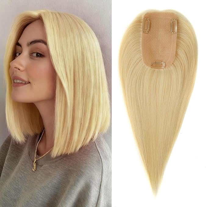 12 Inch Length Hair Toppers for Women with Thinning Hair, 3x5 Inch Injected Silk Base 130% Density Hairpieces #613 Bleach Blonde