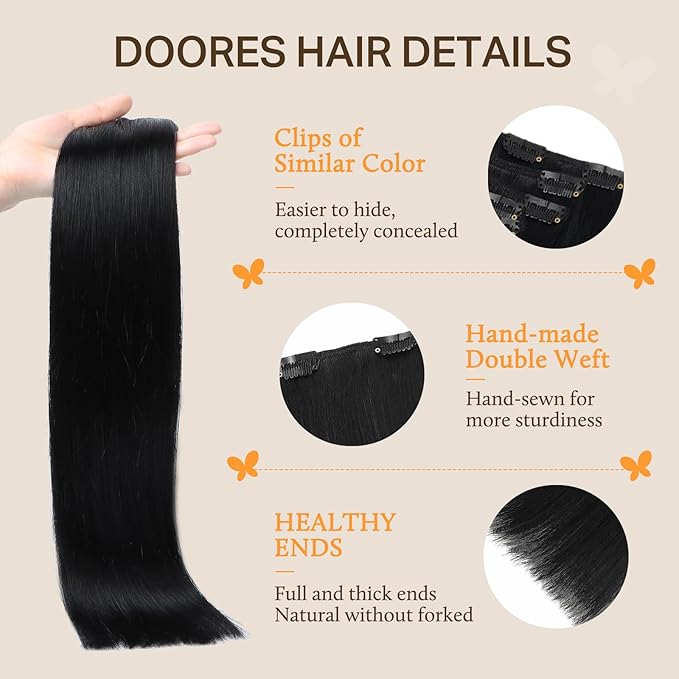 DOORES Human Hair Extensions Clip in, Light Dark Brown 14 Inch 150g 9pcs, Hair Extensions Real Human Hair Remy Hair Extensions Clip in Human Hair Straight Thick Extensions Human Hair Natural