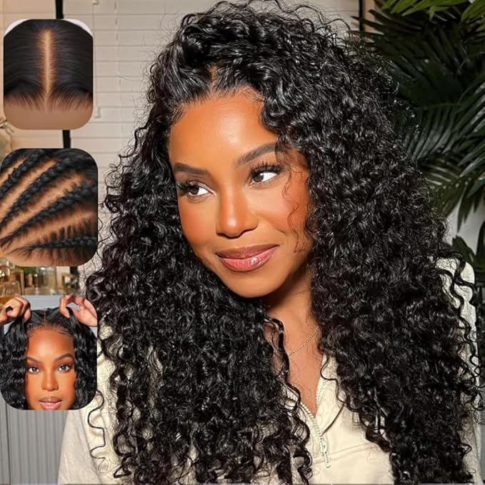 KLAIYI Bye Bye Slip™ Water Wave 7X5 Precut Lace Front Human Hair Wig Drawstring Glueless 3S Ready to Wear and Go Wig with Baby Hair Pre Plucked Bleached Bye Bye Knots Curly Wig 180%Density Full 26Inch