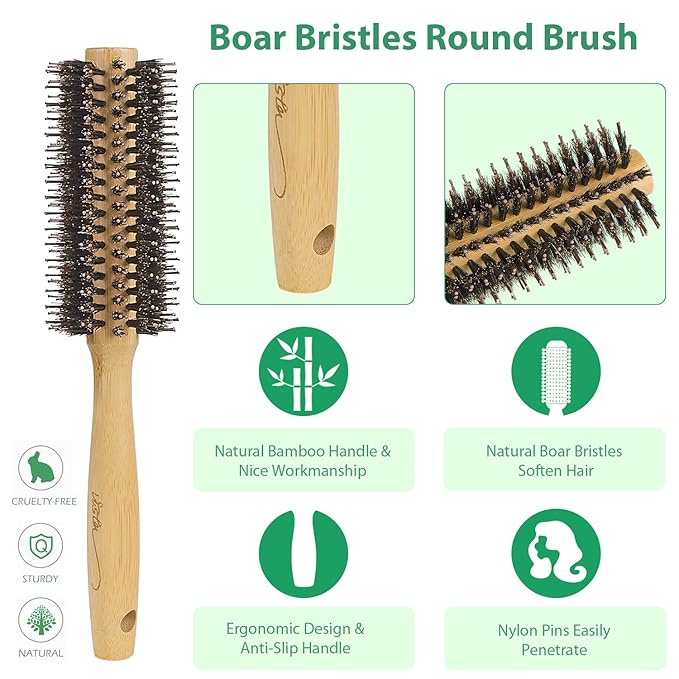 Vista Round Brush Bamboo with Pin Tail Comb Natural Boar Bristle Hair Brush Round for Blow Drying for Women Hairbrush for Wet or Dry Hair Detangling Smoothing Massaging