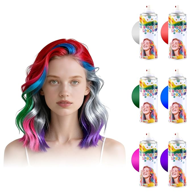 6 PCS Red&Blue&Purple&Pink&Silver&Green Temporary Hair Color Spray,Non-Stick Hairspray for Kids Girls Women Men,One-day Washable Hair Dye Spray for Party Halloween Cosplay DIY Christmas.