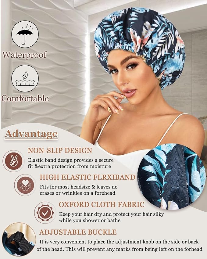 Large Shower Caps for Women Reusable Waterproof Satin Lined Shower Cap with Adjustable Band Double Layer Design Luxury Washable Bath Hair Bonnet (Black Palm)