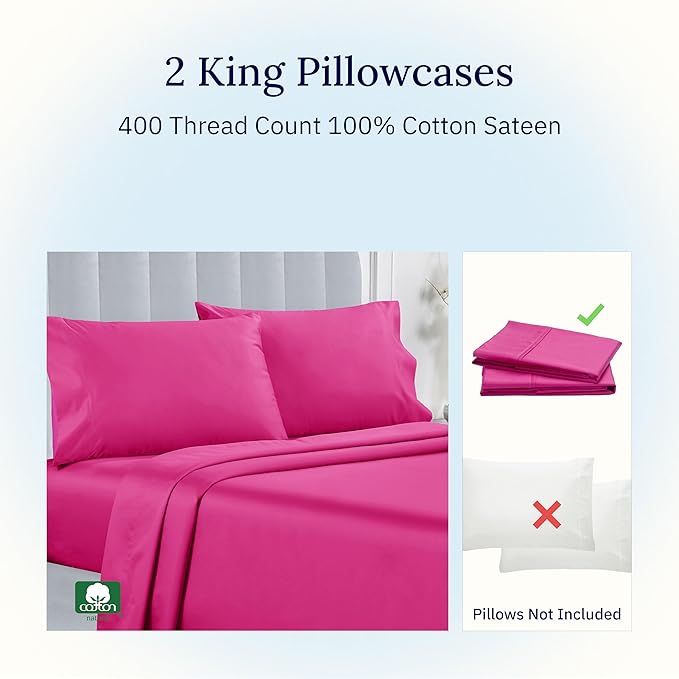 California Design Den King Size Pillowcases Set of 2-400 Thread Count Sateen, Natural 100% Cotton King Size Pillows Cases, Soft, Roomy and Breathable - Hot Pink