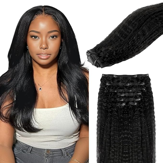 Lashey Seamless Clip in Hair Extensions Human Hair #1 Jet Black 22 Inch 110g 7pcs Kinky Straight Human Hair Clip in Hair Extensions with Soft PU Weft