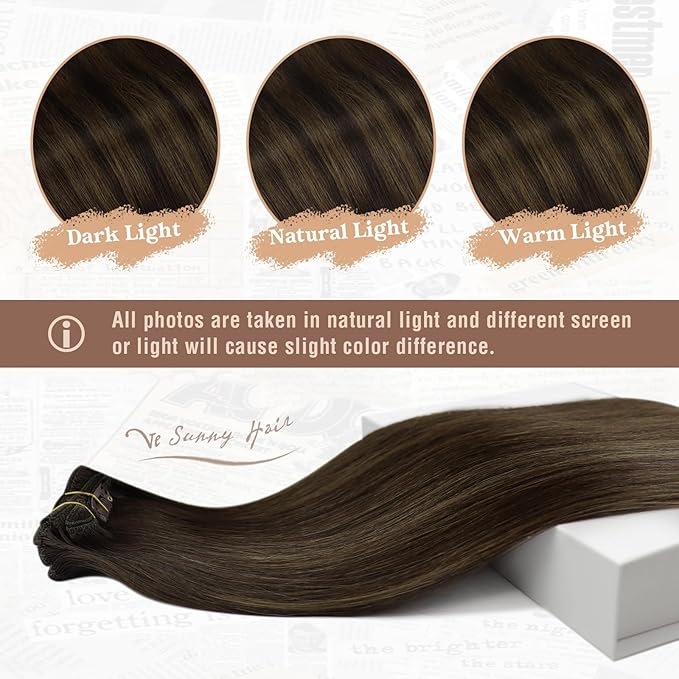 Ve Sunny Human Hair Clip in Extensions 22Inch Long Clip in Hair Extensions Real Human Hair Balayage Dark Brown Hair Extensions Clip ins for Women Easy Apply 120g