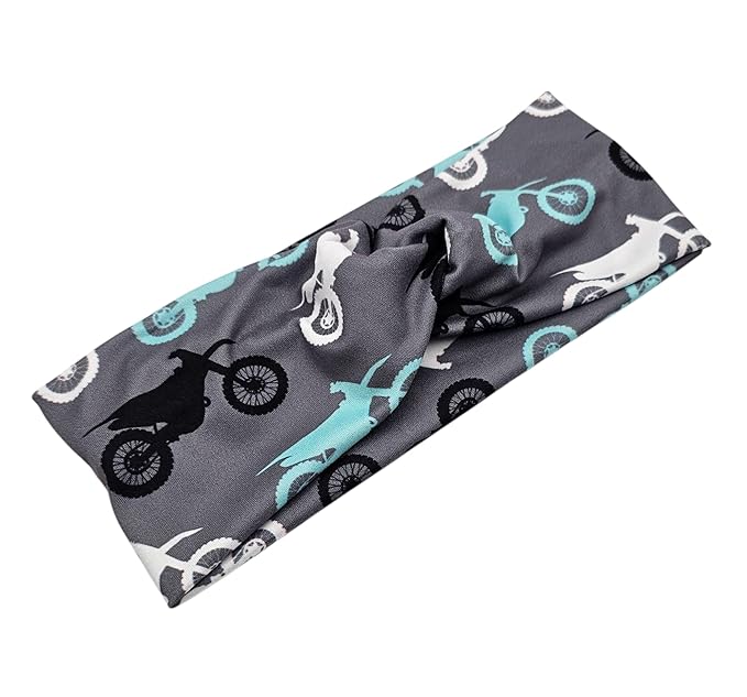 Soft Stretchy Headband, 3-in-1 Versatile Twist Style, One-Piece (Dirtbikes - Teal & Grey, Adult)