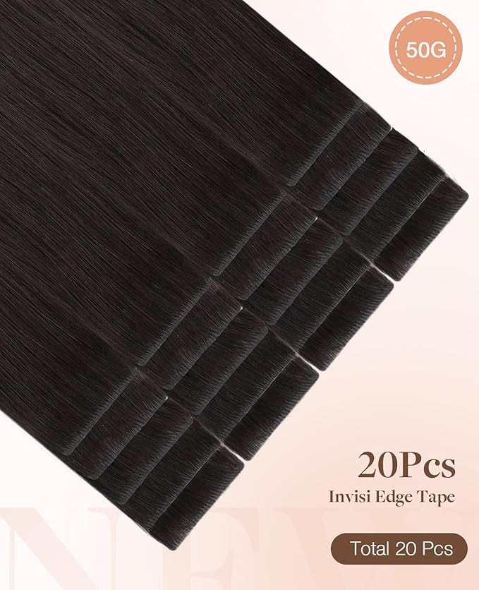 GOO GOO Invisi edge Tape in Hair Extensions Human Hair, 2 Dark Brown 20pcs 24inch 50g, Virgin Human Hair Tape ins, Seamless Injected Tape in Hair Extensions