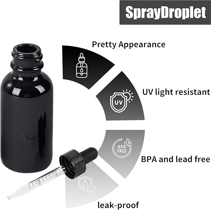 48 Pcs, 1oz Glass Dropper Bottle, Leakproof Tincture Bottles with Dropper, Black Reusable Eye Dropper Bottle for All Kinds of Liquids (Black,1oz-48pcs)