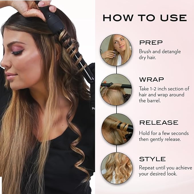 NuMe Classic Ceramic Curling Wand - Tourmaline 1.25 Inch Barrel Hair Curler, Negative Ion Conditioning, Far Infrared Heat - All Hair Types - Blush