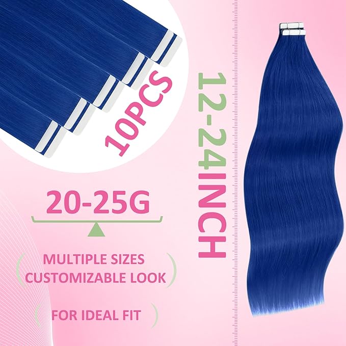 YoungSee Tape in Hair Extensions Real Human Hair Blue Invisible Tape in Human Hair Extensions Blue 14 Inch Seamless Tapes Hair-Extensions Colored 10pcs 25g Prom Night Hair Extension