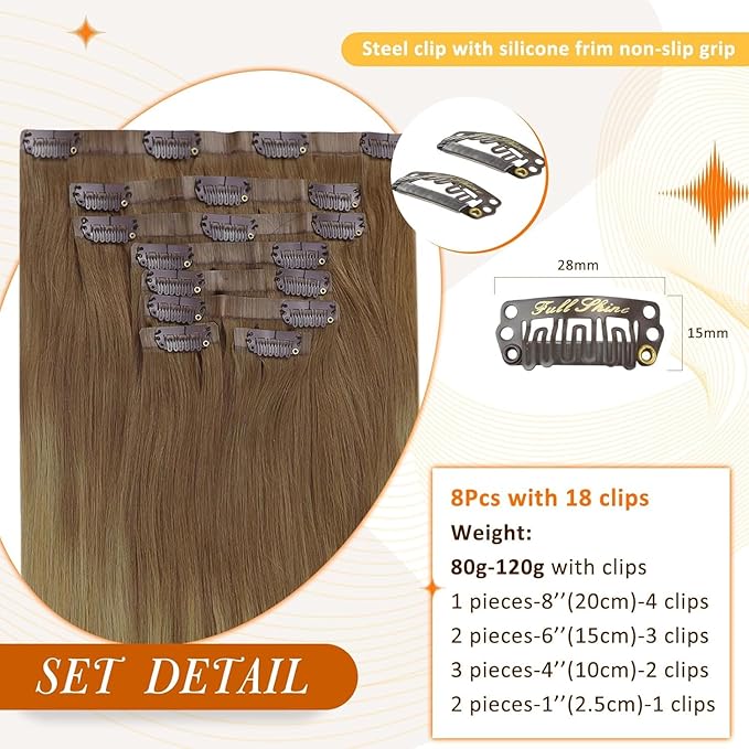Full Shine Human Hair Clip in Extensions 16 Inch Clip in Hair Extensions Light Brown to Ash Blonde Real Hair Ombre Seamless Hair Extension with PU Skin Weft Softness 8 PCS 120 G