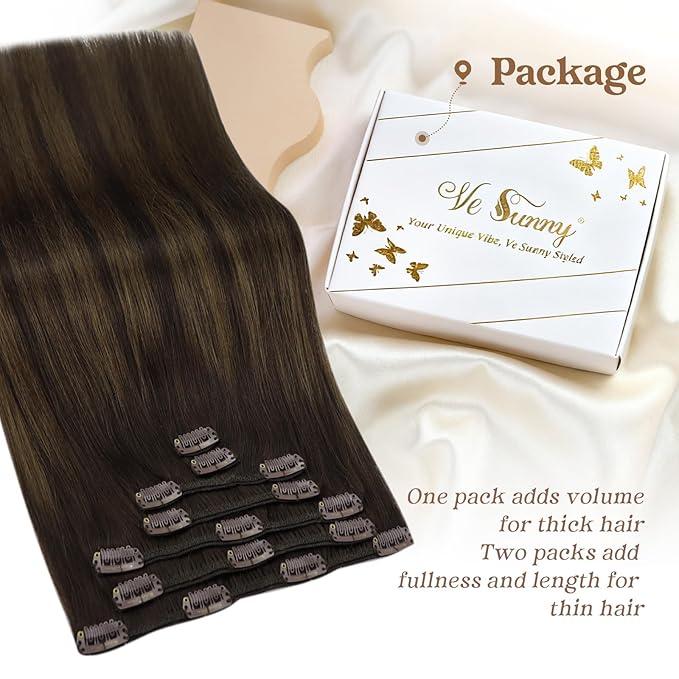 Ve Sunny Clip in Hair Extensions Real Human Hair 24 inch Long Straight Human Hair Clip in Extensions Darkest Brown Ombre Medium Brown Hair Extensions Clip ins 120g 7Pcs