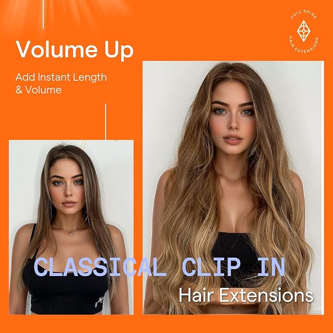 Full Shine Hair Extensions Clip ins Balayage Medium Brown to Honey Blonde Clip in Hair Extensions Remy Hair for Raving 16 Inch 120 G 7 Pcs