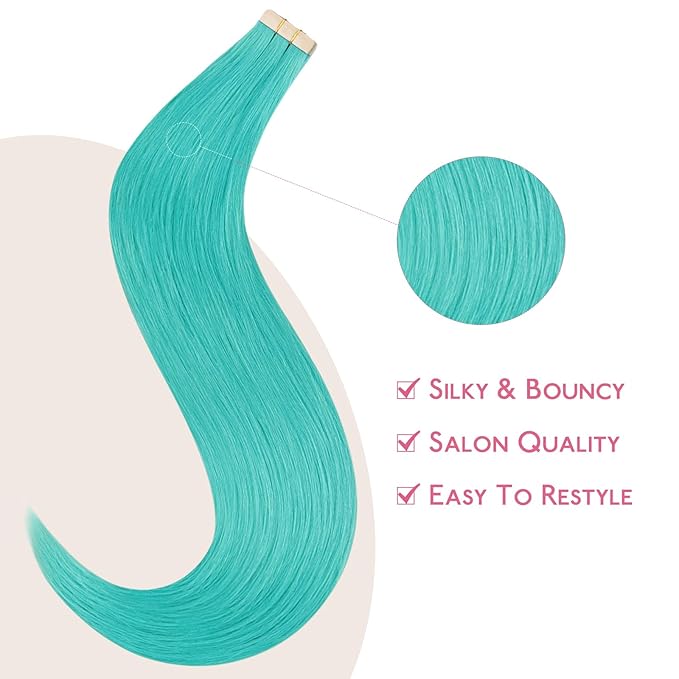 WENNALIFE Tape in Hair Extensions, 10pcs 30g 22 inch Remy Invisible Tape Ins Straight Teal Green Colored Soft Real Human Hair Extensions Refill Set
