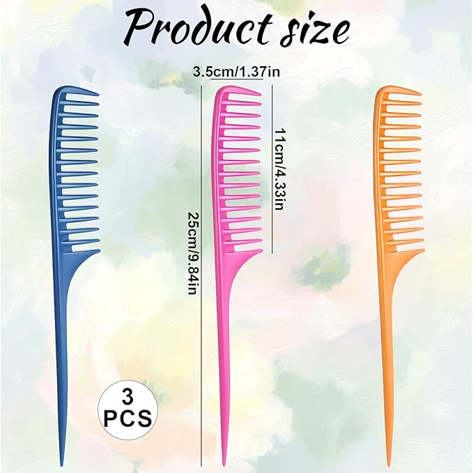 Wide Tooth Rat Tail Comb Set for Sectioning Styling Heat Resistant and Anti-Static Hair Detangling Combs for All Hair Types 3 Pcs (Blue + Pink + Yellow)
