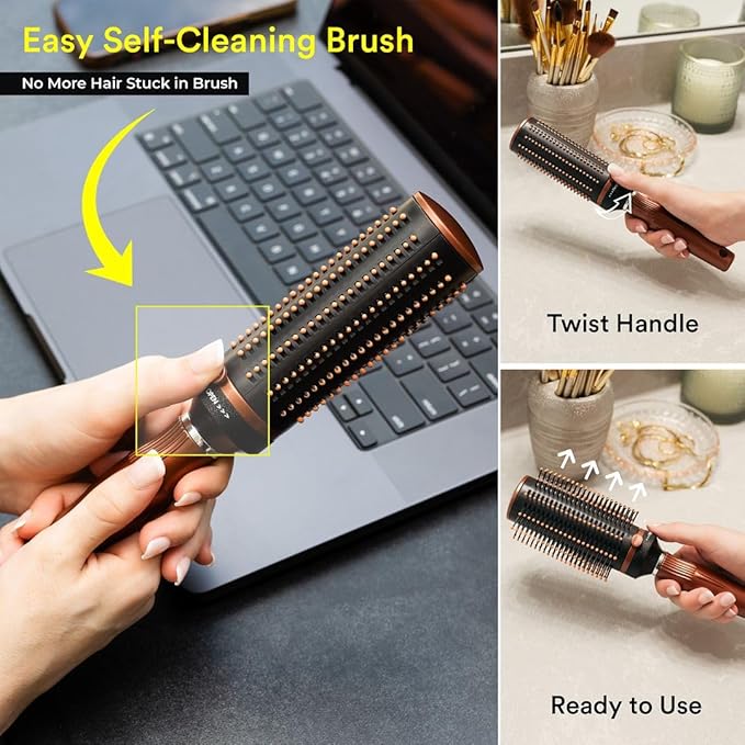 Self Cleaning Brushes for Women - Roller Retractable Detangler Round Brush for Blow Out Travel Brown Christmas Gifts for Womens