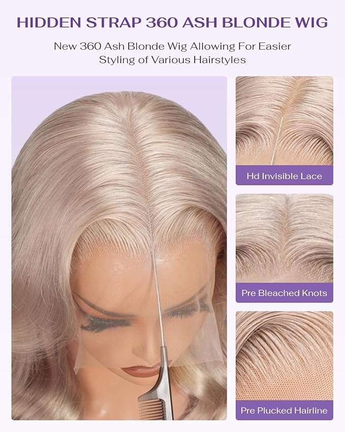 Hidden Strap Milk Tea Ash Blonde Wig Human Hair Body Wave 360 Lace Front Wig Human Hair Ombre Glueless Wigs Pre Bleached Bleached Knots 180% Density Drawstring HD Full Lace Wigs 20Inch