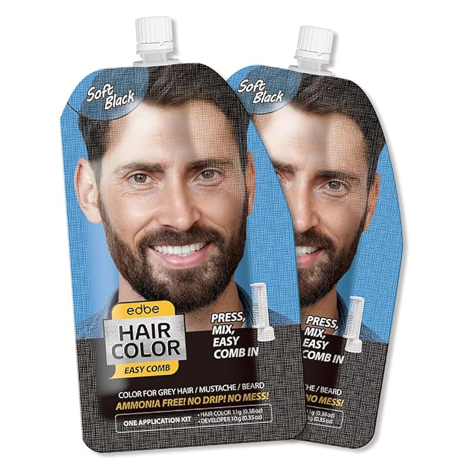 Edbe Hair Color Easy Comb Soft Black (2 Pack) - Grey Hair Mustache and Beard Coloring for Men with One Application Kit……
