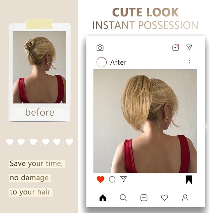 Clip on Ponytails for Women - 10 Inch Short Ponytail Extension, Straight Pony Tails Hair Extensions, Synthetic Hair Extensions Ponytail, Clip in Ponytail (Dark Blonde with Beige Blonde Highlights)