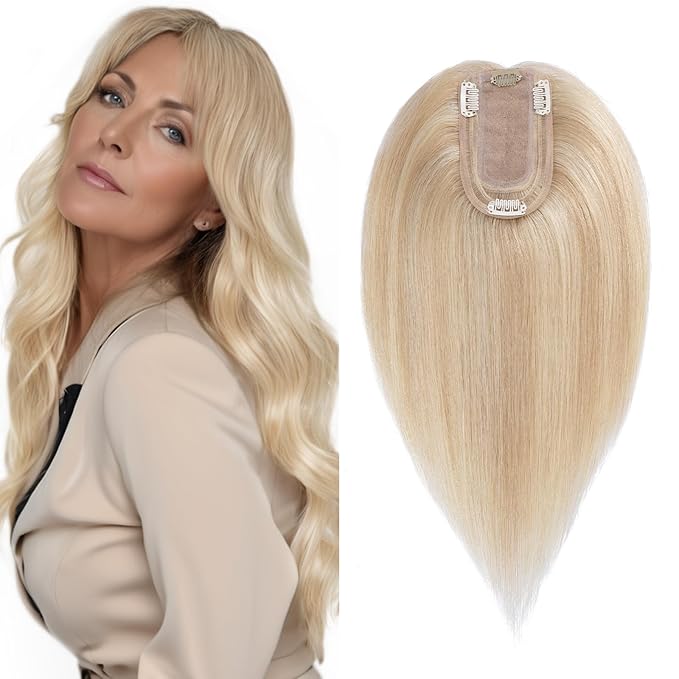 SEGO Real Human Hair Topper for Women without Bangs, Hair Topper with Anti-Slip Clips (18 Inches Ash Blonde Mix Bleach Blonde)