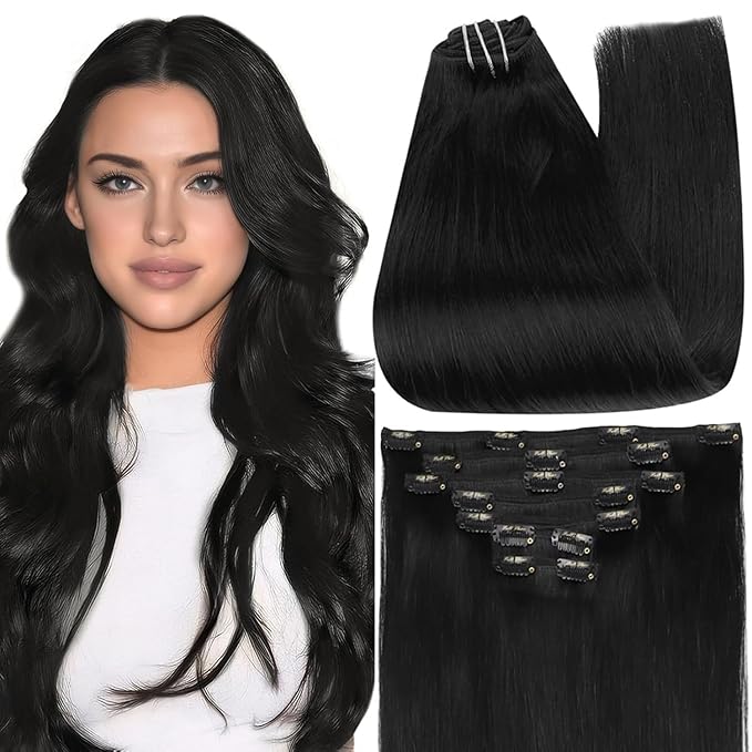 Full Shine Black Hair Extensions Clip in Human Hair Clip in Extensions for Thin Hair Black Triple Weft Straight Hair Extensions for Women 16 Inch 120 G 7 Pcs