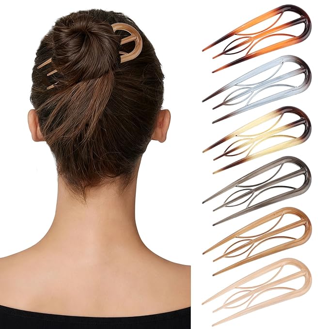 6 PCS French Hair Pins for Women - Large U-Shaped Hair Forks with Internal Teeth, Strong Hold for Thick & Thin Hair, Effortless French Twists, Updos, Buns & Chignons, Hairstyle Accessories
