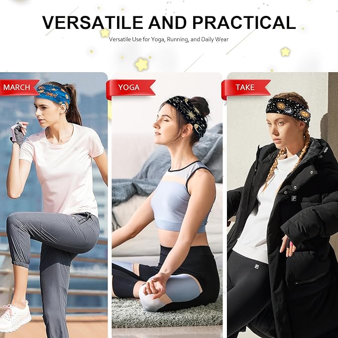 Headbands for Women, 4 Pack Boho Cotton Headbands with Moon & Star Print, Non-Slip Wide Head Bands for Yoga, Fitness, Workout, Thick Stretchy Hair Band Accessories
