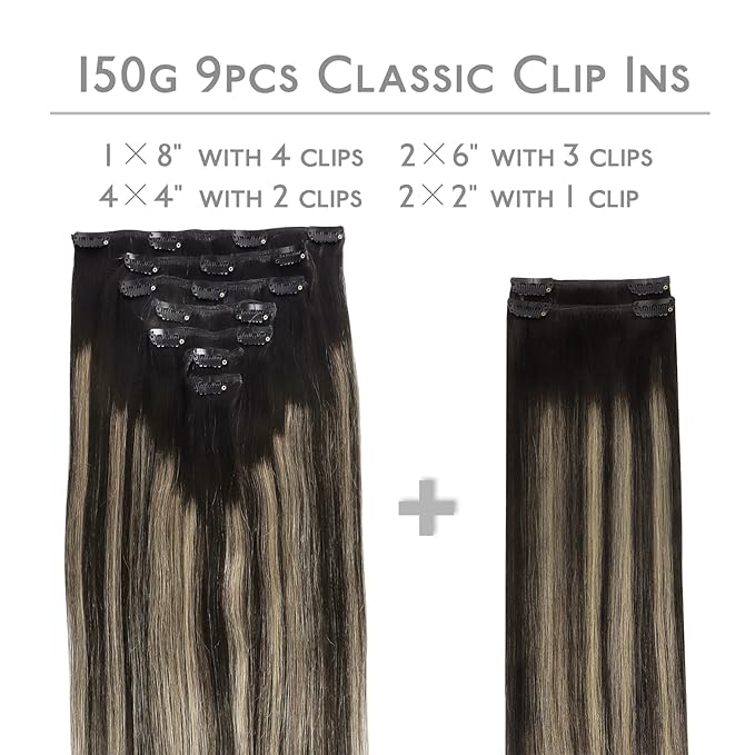 WENNALIFE Clip in Hair Extensions Real Human Hair, 22 Inch 150g 9pcs Balayage Natural Black to Light Blonde Remy Hair Thicker Double Weft Extensiones De Cabello Humano Con Clip Ins Straight Volume