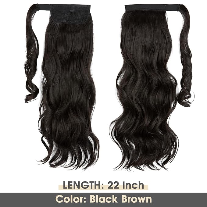 CJL HAIR 22" Long Ponytail Hair Extension Wrap Around Pony Tail Clip in Curly Wavy Synthetic Fake Hairpiece for Women Black Brown