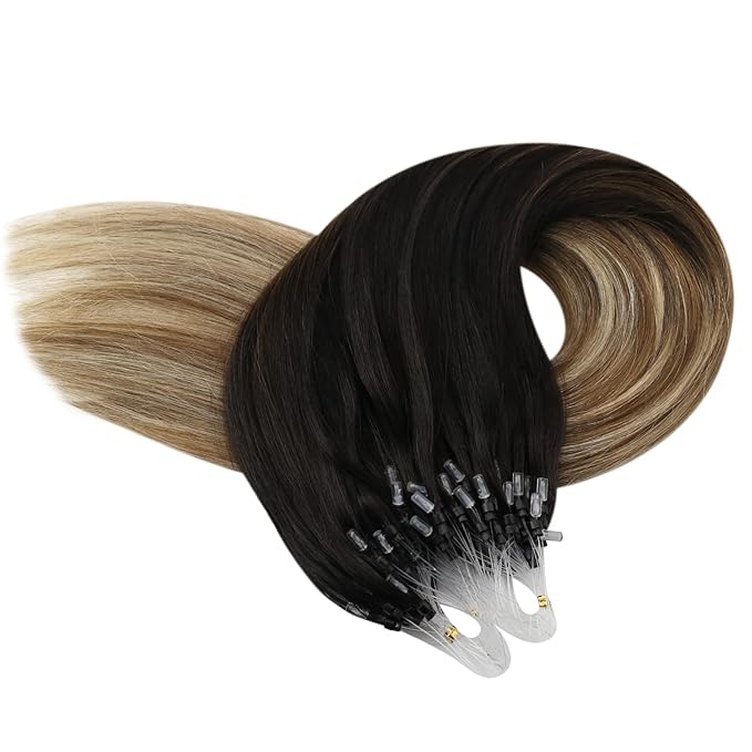 YoungSee Microlink Hair Extensions Balayage Micro Link Hair Extensions Human Hair Dark Brown Ombre Browns with Blonde Microbead Extension Human Hair Long Hair 24In 50g 50s Straight Hair Extension