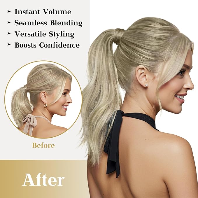 Ve Sunny Hair Extensions Ponytail Real Human Hair Wrap Around Clip in Ponytail Hair Extensions Straight Extensions Human Hair for Women Ash Grey Balayage Platinum Blonde 20inch 80G