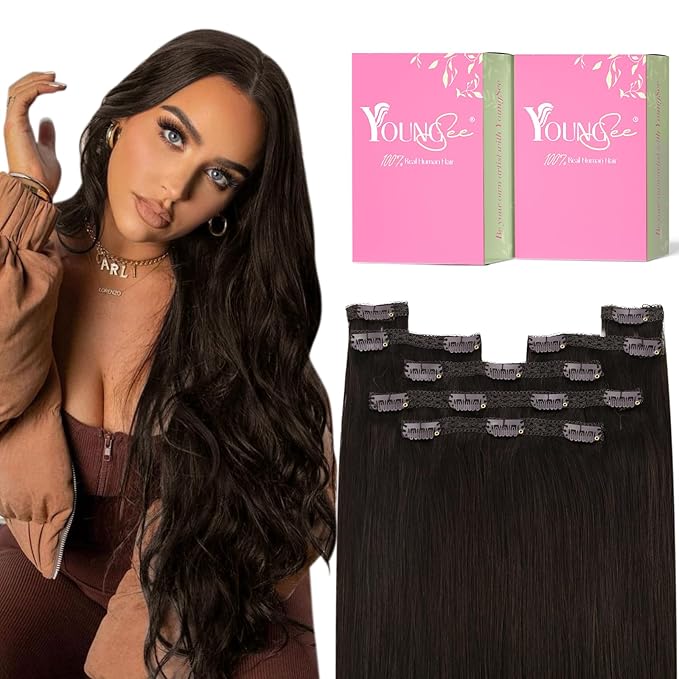 YoungSee Clip in Human Hair Extensions Brown Clip in Extensions Real Human Hair Darkest Brown Human Hair Clip ins Extensions Ease to Use 22Inch 7Pcs 120G