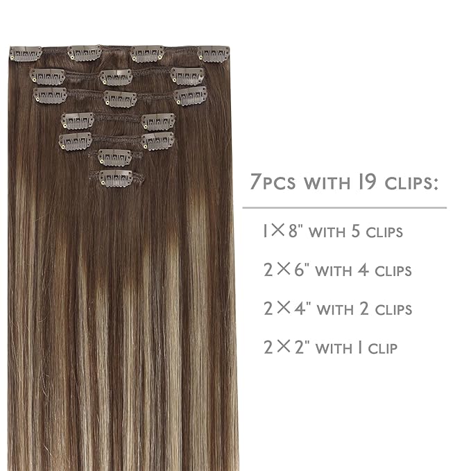 WENNALIFE Clip in Hair Extensions Real Human Hair, 22 Inch 120g 7pcs Balayage Chocolate Brown to Honey Blonde Hair Extensions Clip in Human Hair Remy Clip in Hair Extensions Real Human Hair