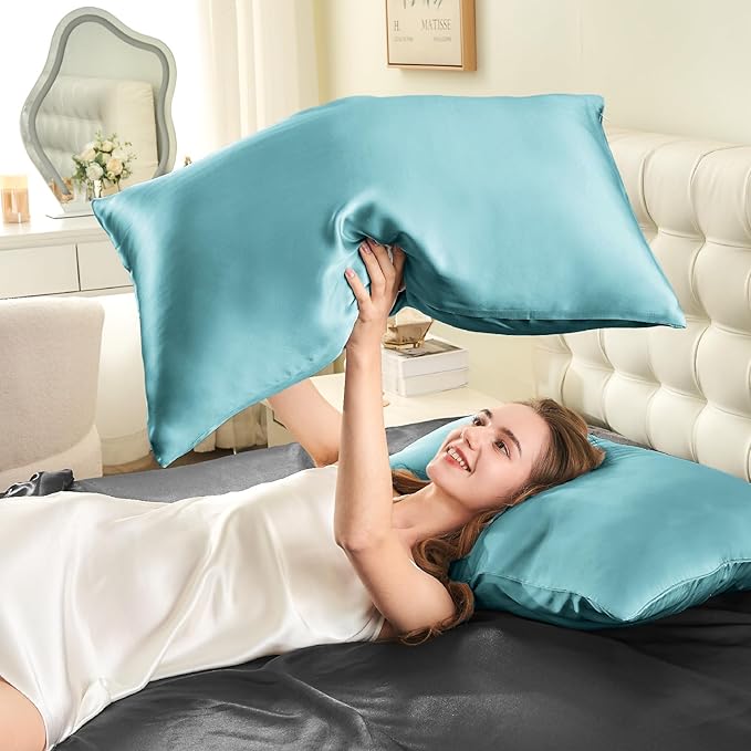 INFIIXSO Mulberry Silk Pillowcase for Hair and Skin, Silk Pillow Cases Queen Size Set of 2 with Hidden Zipper 20"x30", Ultra Smooth and Soft Cooling Pillow Cases for Hot Sleepers(Ocean Mist, 2 Pack)