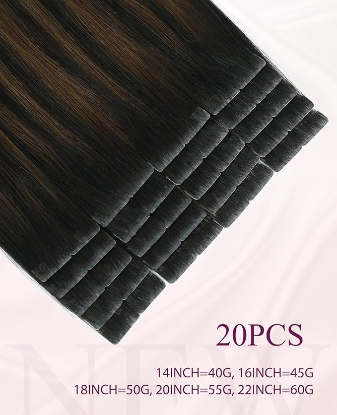 Pinkpearl Invisible Tape in Hair Extensions Human Hair, 20pcs 20inch 55g #1B/4/27 Balayage Natural Black to Chocolate Brown and Caramel Blonde Injection Tape in Extensions Remy Human Hair Injected
