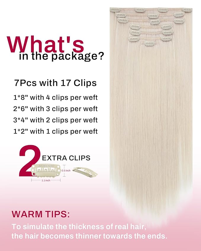 Moresoo Clip in Hair Extensions Real Human Hair Blonde Human Hair Clip in Extensions Platinum Blonde Double Weft 120g/7pcs 18 inch