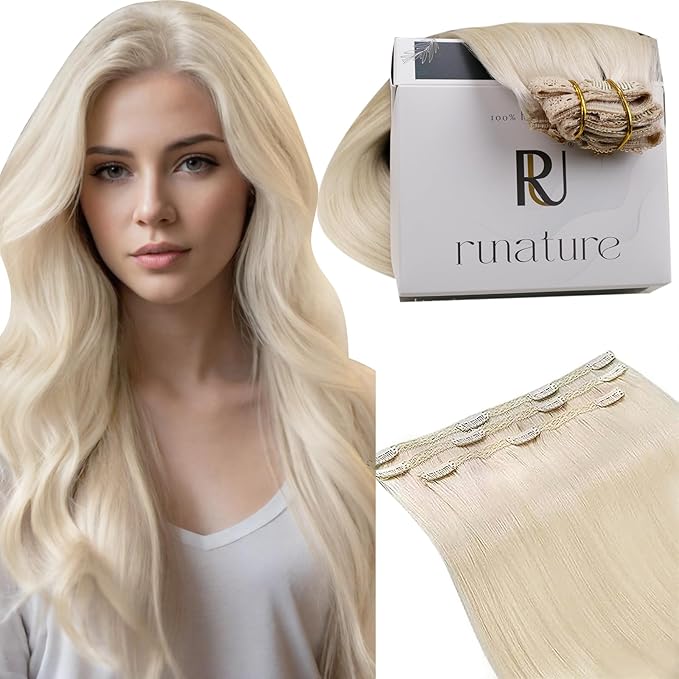 RUNATURE Blonde Clip in Hair Extensions, Real Human Hair Clip in Extensions, Remy Hair Extensions Clip Ins, Double Weft Hair For Women, Natural Looking, 14 Inch 50g 3pcs #800 Platinum Blonde
