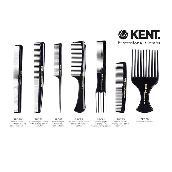 Kent SPC86 Black Salon-Style Professional Pick and Barber Comb - Afro Parting Comb for the Care of Curly and Thick Hair - Sleek style comb,Anti-Fatigue with a Rubberized Professional Finish
