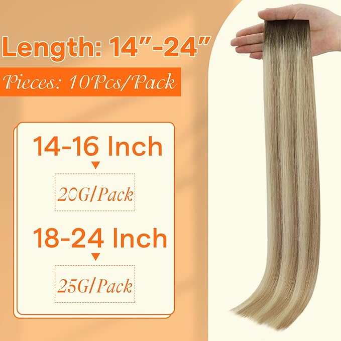 Full Shine Invisible Tape in Hair Extensions Human Hair Color 2 Brown Fading to 18 Ash Blonde and 22 Blonde Double Sided Tapes Virgin Injeted Tape in Extensions 14Inch 10Pcs 25Gram for Daily