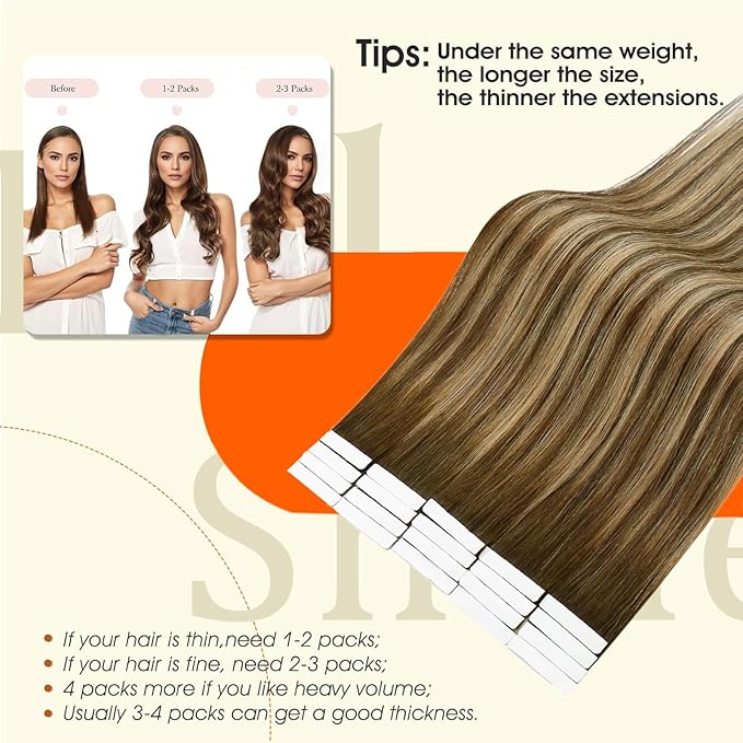 Full Shine Injected Tape in Hair Extensions Human Hair Color 4/24/4 Balayage Remy Tape Extensions Long Straight Skin Weft Seamless Extension 22Inch 50G 20Pcs Add Length Soft Natural