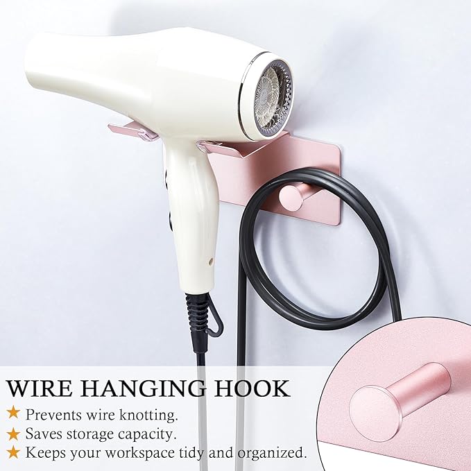 Hair Dryer Holder Wall Mount, Blow Dryer Holder for Wall, Adhesive Hairdryer Holders, Stainless Steel Blowdryer Holders Bathroom Hair Tool Organizer Hair Dryer Hanger Hook with Cord Storage(Rose Gold)