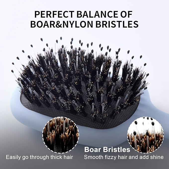 Mini Boar Bristles Hair Bursh, Travel Size Hair Brush for Women Men Kids, Protable Small Hair Brush for Pockets Purses, Mini Detangler Brush for Smooth Add Shine(Blue)