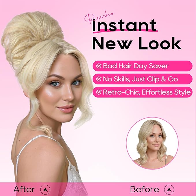 REECHO Messy Bun Hair Piece with Bangs – 2-in-1 Drawstring Ponytail Extension Updo Wig & Hair Topper with Long Side Bangs, Natural-Looking Hair Bun Hairpieces for Women - Honey Blonde