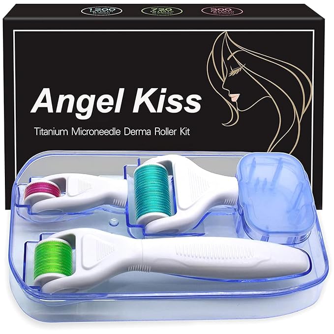 Derma Roller for Face and Body - Angel Kiss 4 in 1 Titanium Microneedling Roller Kit Micro Needle Microneedle Roller, 300 and 720 Needles 0.25mm,1200 Needle 0.3mm, Microdermabrasion Roller Men Women