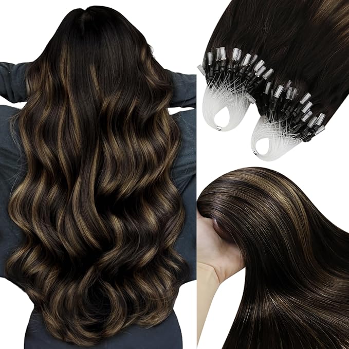 YoungSee Micro Loop Hair Extensions Real Human Hair Brown Microlink Hair Extensions Human Hair Dark Brown Balayage Bead Hair Extension Real Hair 22 Inch Ombre Micro-Bead Hair Extension Soft 50g 50s