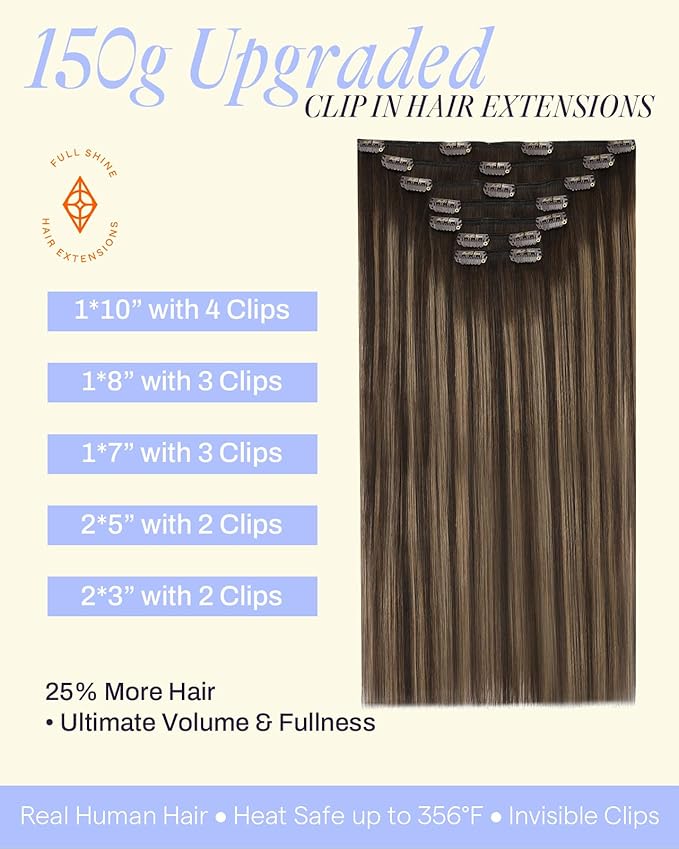 Full Shine Dark Brown Balayage Clip in Extensions Real Human Hair 20 Inch 150 G Brown Clip on Hair Extensions for Thickness 7 Pcs