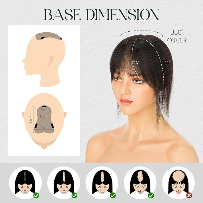 Hairro Toppers Hairpieces For Women Wispy Air Clip On Bangs Remy Short Black Lace Topper 3D Cover Wiglet 11 Inches 21g #1B