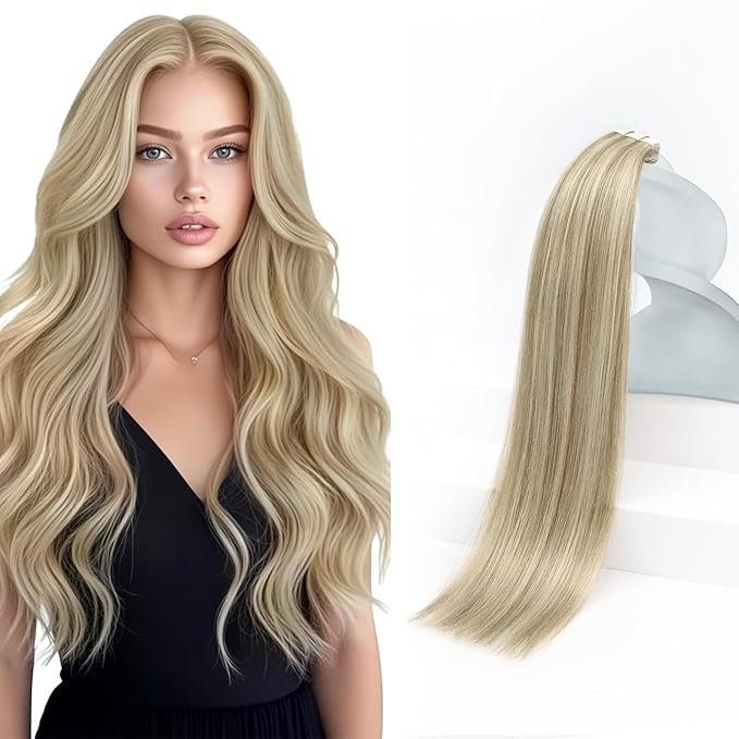 Sunny Hair Tape in Hair Extensions Real Human Hair Invisible Remy Hair Extensions Tape ins for Women Golden Blonde Highlight Medium Blonde 24 inch 20Pcs 50G
