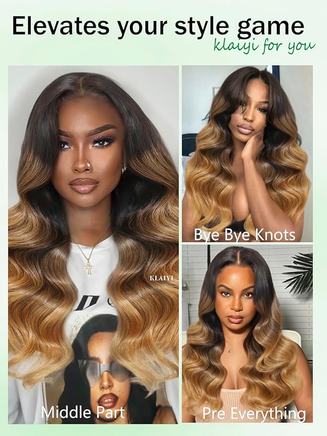 KLAIYI Ombre Highlight Blonde Loose Wave Pre Everything Glueless 13x4 Lace Front Wigs Human Hair Drawstring Balayage Brown Pre Cut Pre Plucked Bleached Ready to Wear and Go Wig with Dark Roots 22Inch