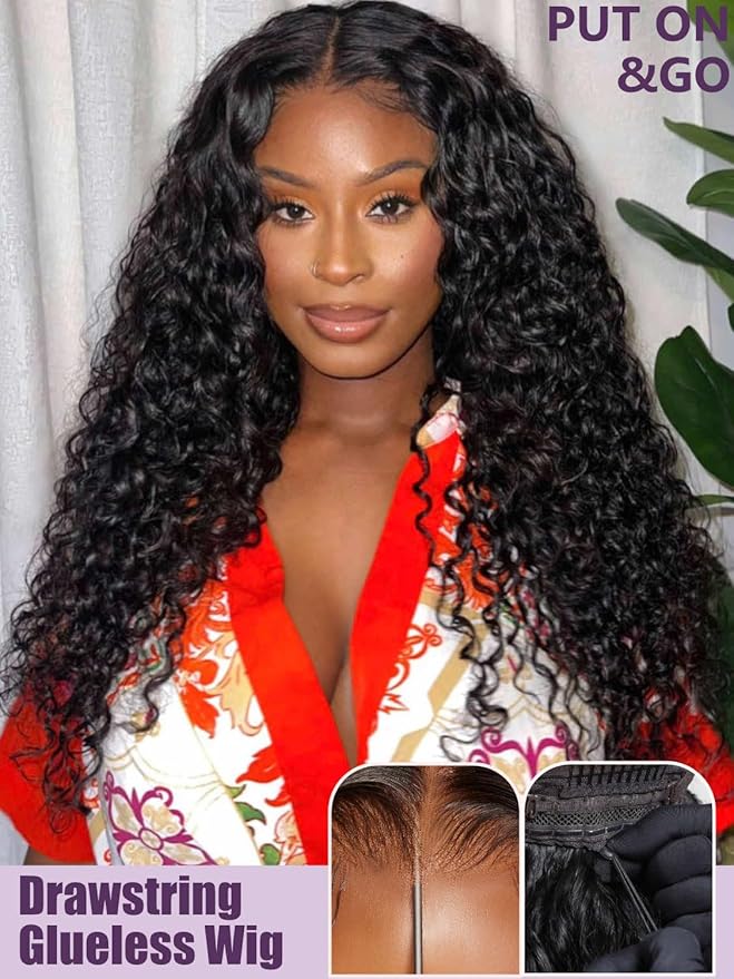 YIROO Bye Bye Knots Glueless Water Wave and Jerry Curly Drawstring Wig Human Hair, 7x5 Pre Cut Lace Front Glueless Wigs Pre Bleached Pre Plucked Wear and Go Wig for Women 150% Density 16Inch